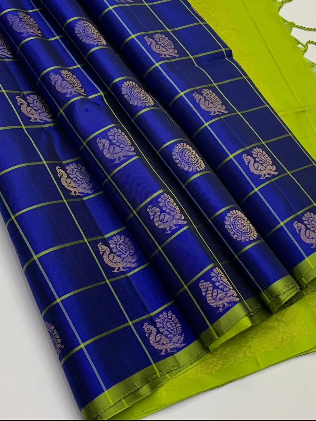 Showcasing handwoven borderless soft silk Sarees in checked design with Annan & chakra motifs.R (1)