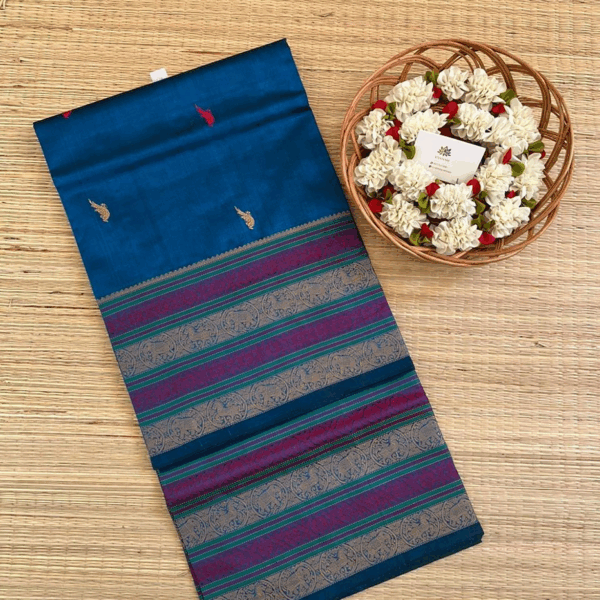 Peacock blue silk cotton saree with thread work