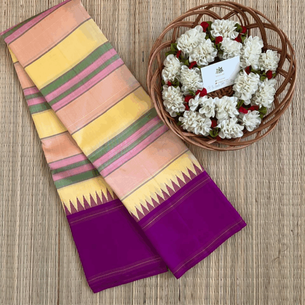 Korvai design kanchipuram silk saree in yellow with dark pink combination having vertical design allover the body