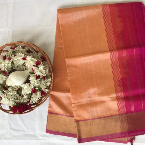 silk cotton saree in plain peach colour with tissue border
